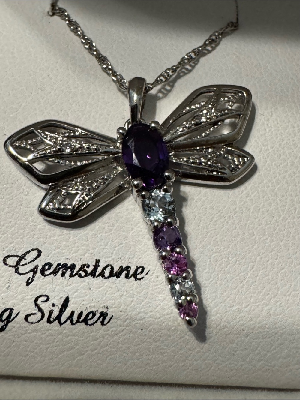 Sterling Silver Dragonfly Necklace with Amethyst & Pink Sapphire